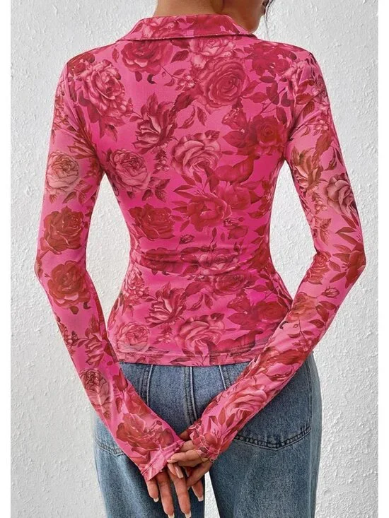 👑 Women's Pink Red Floral Long Sleeve V Neck Mesh Boho Button Front Shirt Top - Picture 5 of 6